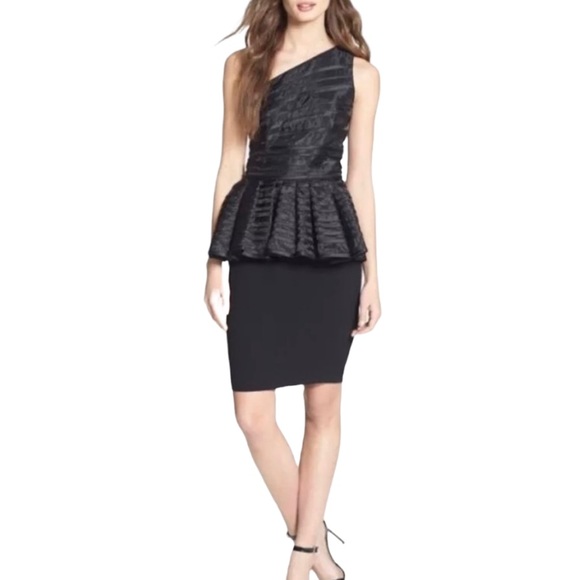 Halston Heritage Black One Shoulder Peplum Cocktail Dress Size 2 - Picture 1 of 9